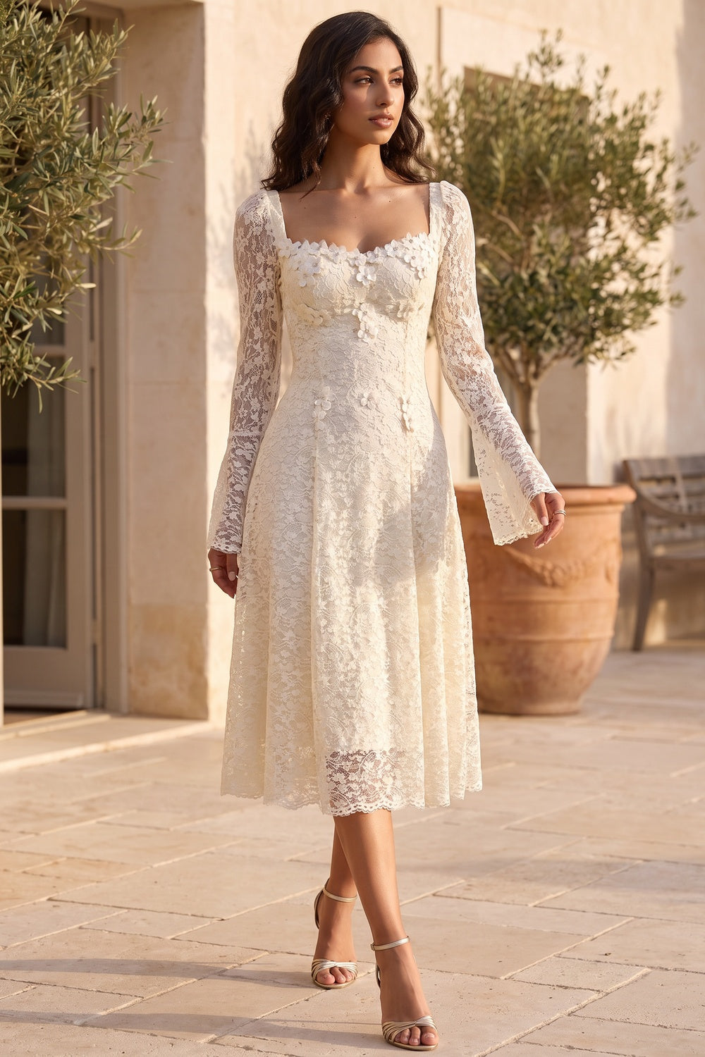 Cream Floral Lace A-Line Midi Dress cream floral lace dress - product view 8