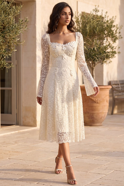 Cream Floral Lace A-Line Midi Dress cream floral lace dress - product view 8