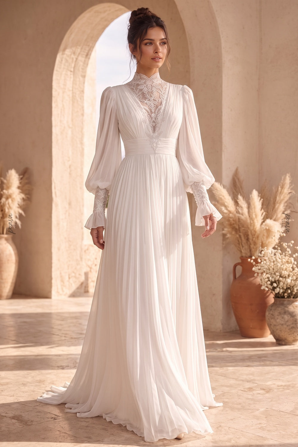 White Chiffon A-Line Gown with Lace Details white chiffon gown - product view 8