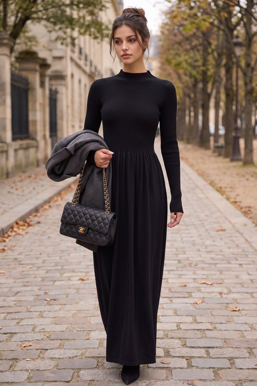 Black Ribbed Knit Mock Neck Maxi Dress black fine ribbed knit dress - product view 8