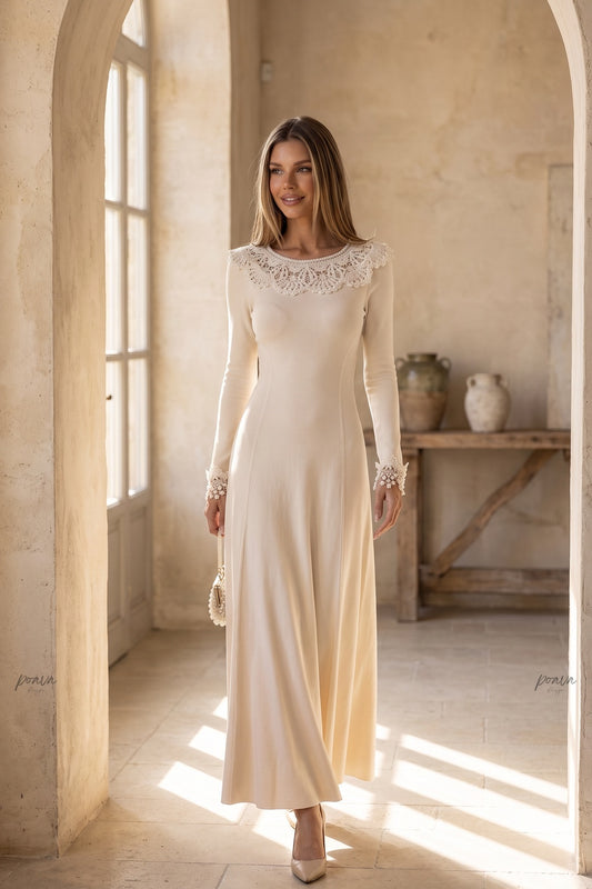 Cream Fine Knit Jersey Fit-and-Flare Dress cream fine knit jersey dress - product view 8