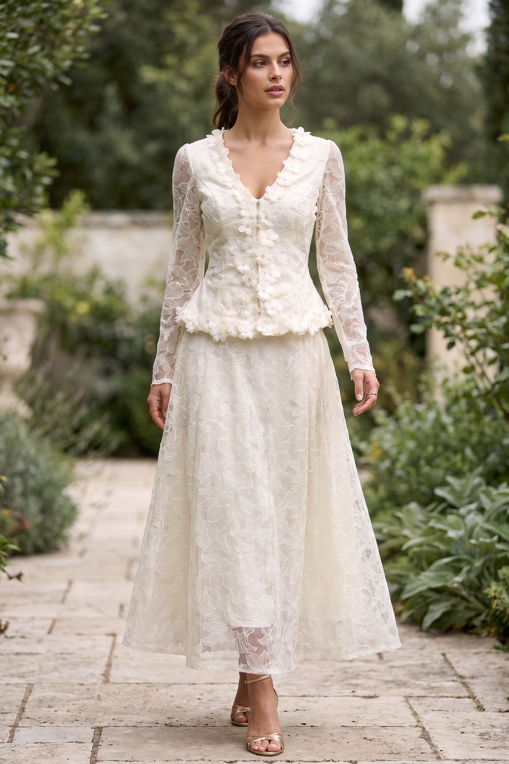 Cream Floral Lace Peplum Top & A-Line Midi Skirt Two-Piece Set cream, ivory floral lace overlay two-piece skirt set - product view 8