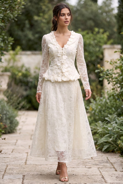 Cream Floral Lace Peplum Top & A-Line Midi Skirt Two-Piece Set cream, ivory floral lace overlay two-piece skirt set - product view 8