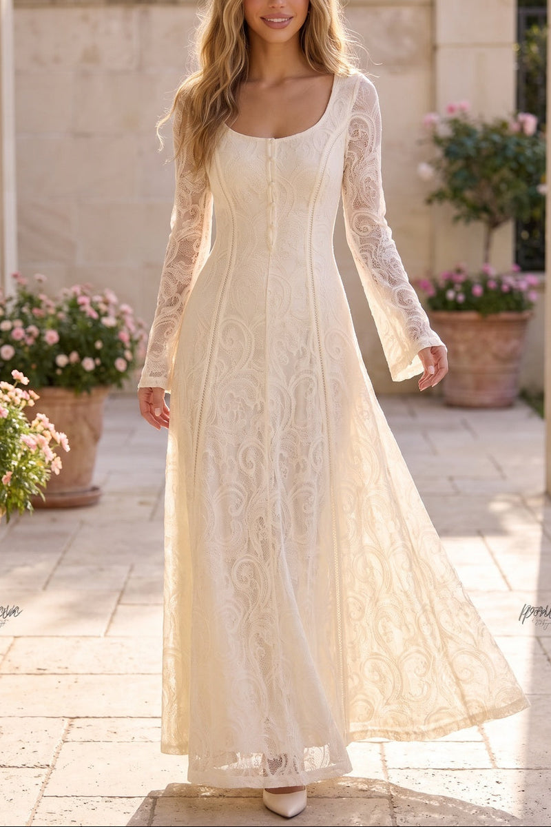 Cream Floral Lace A-Line Maxi Dress