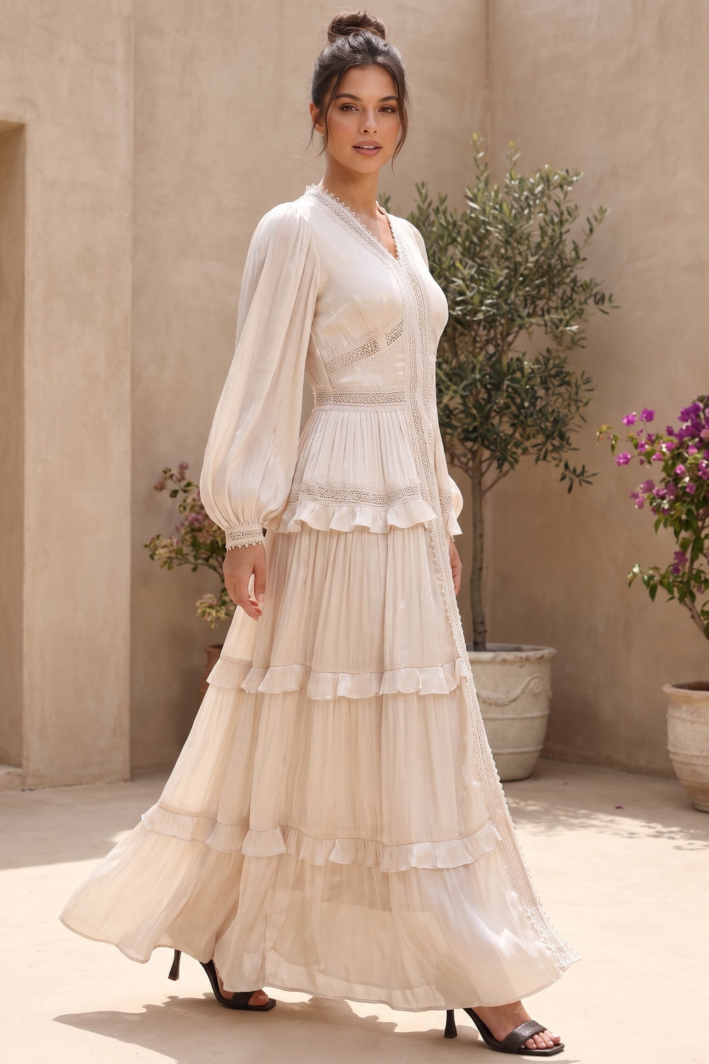 Cream Crinkled Satin Tiered A-Line Maxi Dress cream, ivory crinkled satin maxi dress - product view 8