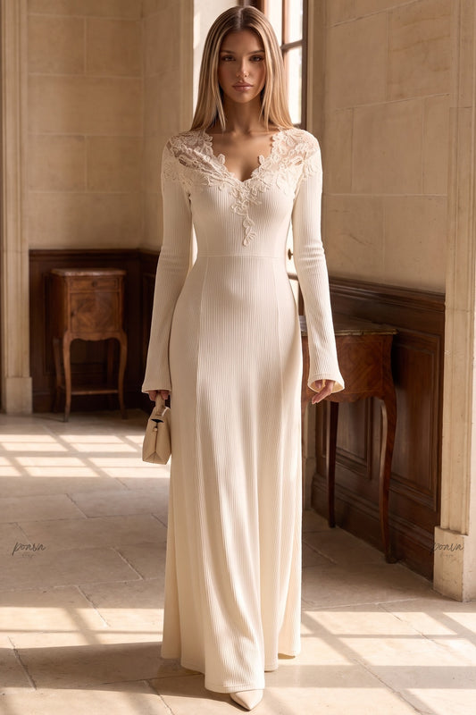Cream Ribbed Knit Maxi Dress with Lace V-Neck cream, off-white, beige, light purple fine ribbed knit maxi dress - product view 8