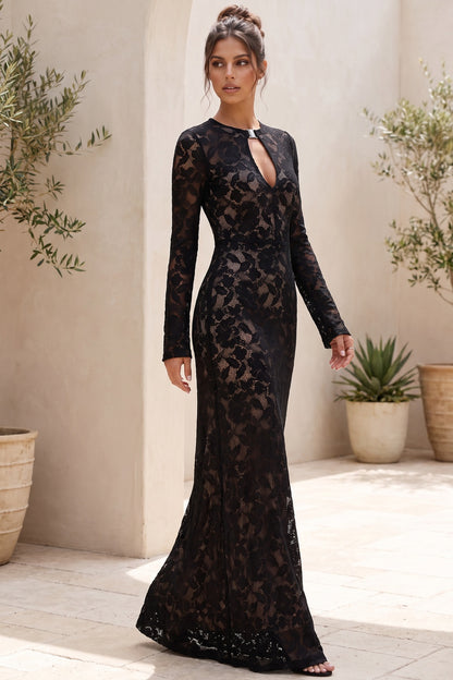 Black Floral Lace Column Gown black floral lace gown - product view 8