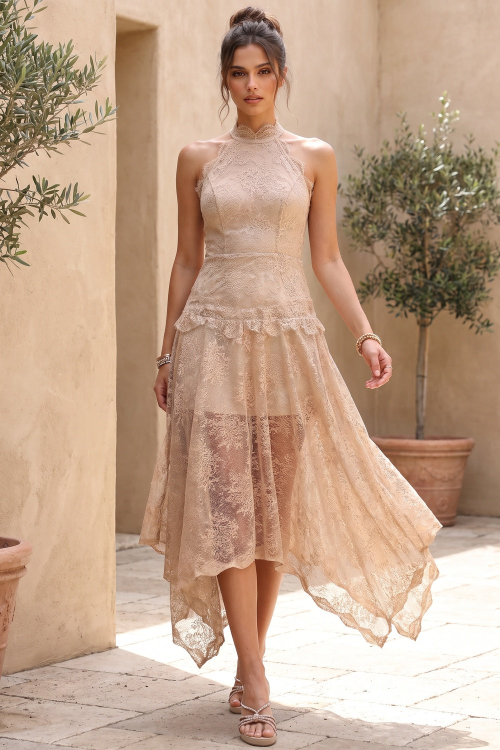 Beige Corded Floral Lace A-Line Midi Dress with Asymmetrical Hem beige, champagne corded floral lace dress - product view 8