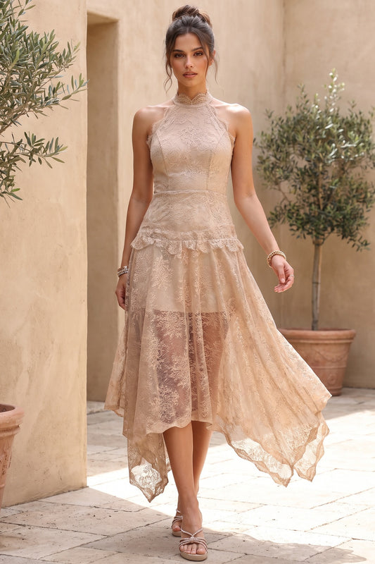 Beige Corded Floral Lace A-Line Midi Dress with Asymmetrical Hem beige, champagne corded floral lace dress - product view 8