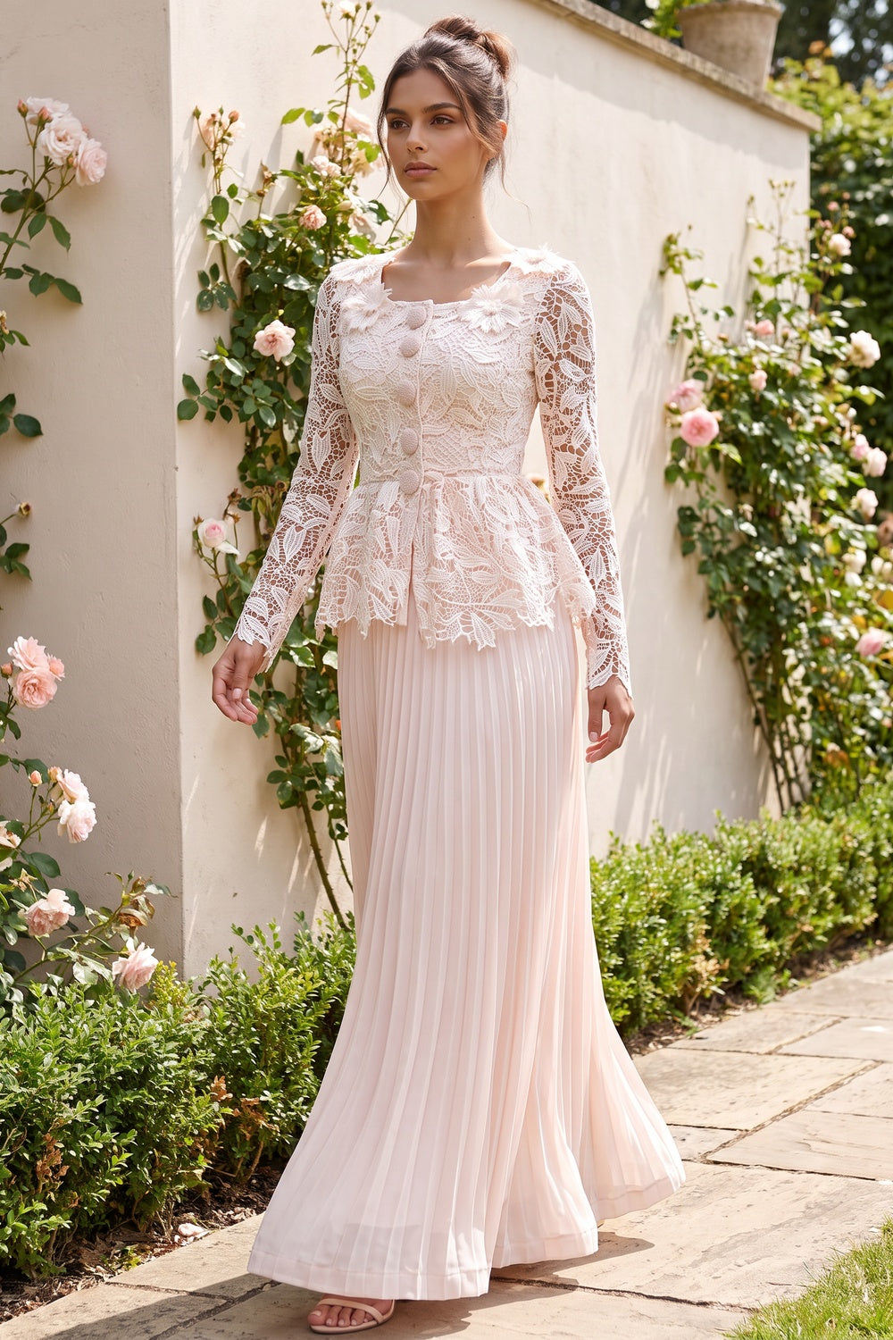 Pale Blush Pink Lace Fitted Peplum Top with A-Line Maxi Skirt Two-Piece Set pale blush pink lace two-piece set - product view 8