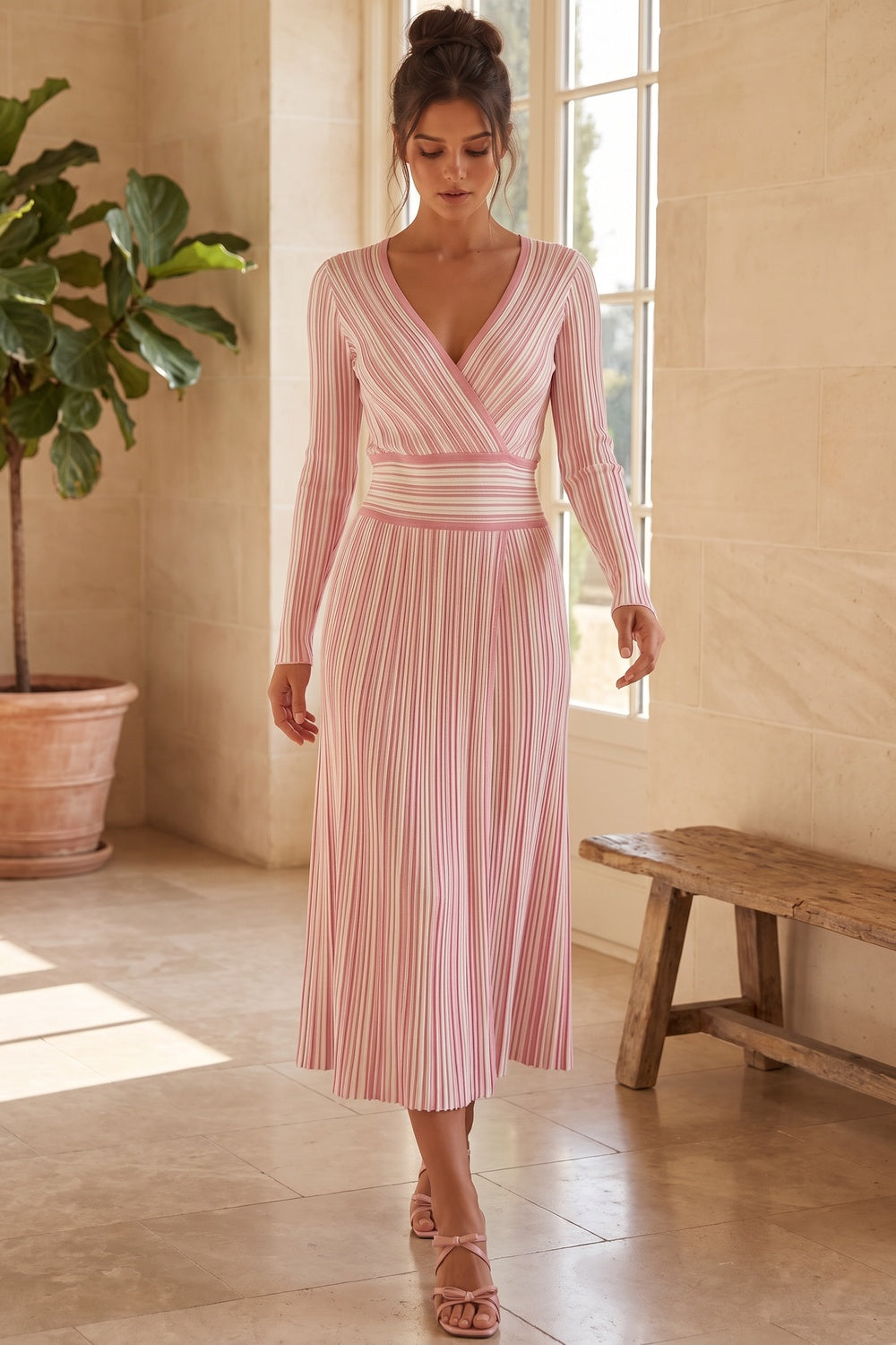 Light Pink Striped Ribbed Knit Fit-and-Flare Dress light pink, white ribbed knit dress - product view 8