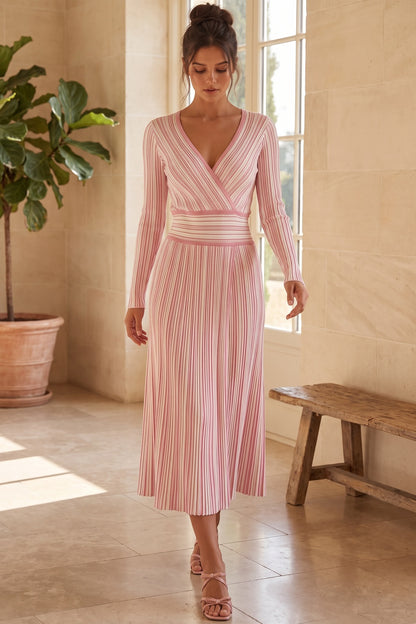 Light Pink Striped Ribbed Knit Fit-and-Flare Dress light pink, white ribbed knit dress - product view 8