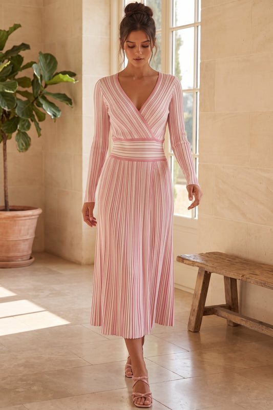Light Pink Striped Ribbed Knit Fit-and-Flare Dress light pink, white ribbed knit dress - product view 8