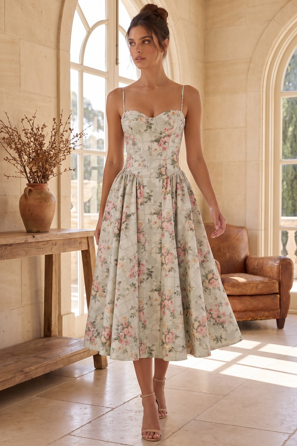 Pale Sage Green Structured Woven Cotton or Jacquard Fit-and-Flare Dress pale sage green structured woven cotton or jacquard dress - product view 8