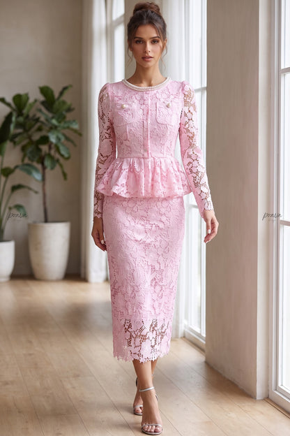 Light Pink Floral Lace Two-Piece Peplum Top and Midi Pencil Skirt Set light pink floral lace two-piece skirt set - product view 7