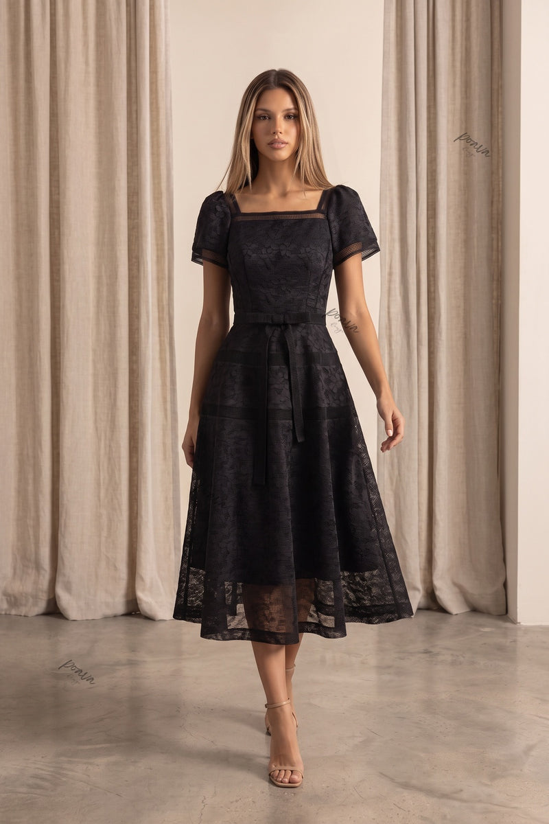 Black Floral Lace Fit-and-Flare Midi Dress