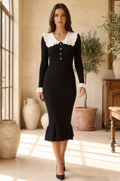 Black Ribbed Knit Mermaid Dress with White Ruffled Collar black ribbed knit dress - product view 8