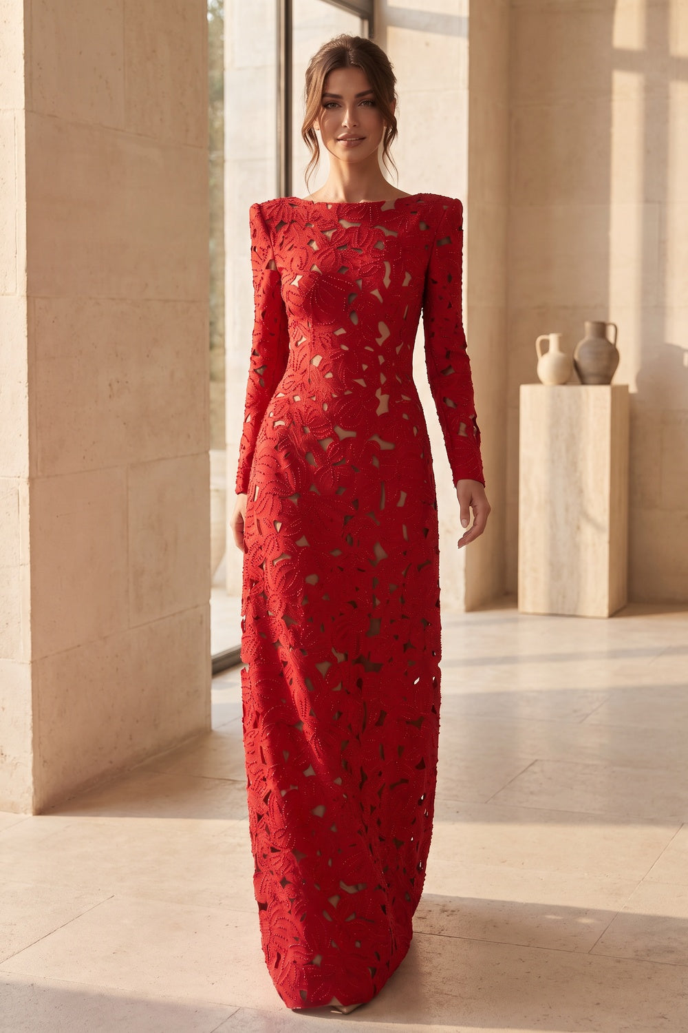 Red Laser-Cut Structured Fabric A-Line Gown red laser-cut structured fabric gown - product view 8