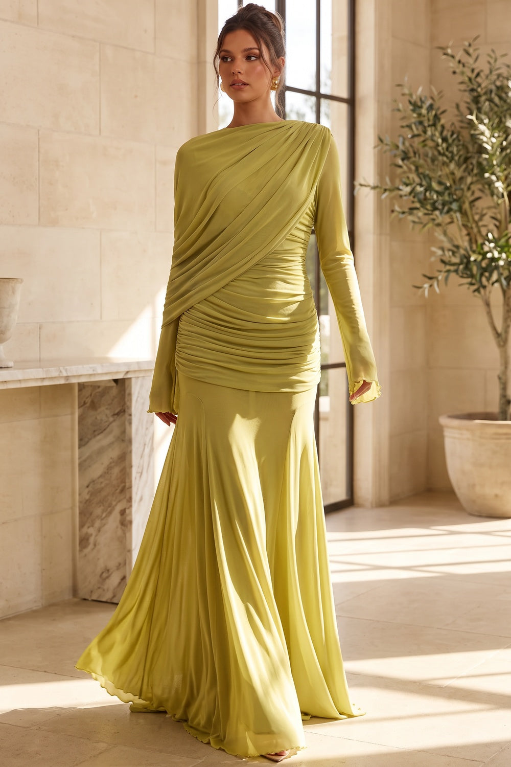 Chartreuse Ruched Mesh Gown chartreuse, olive green stretch mesh jersey gown - product view 8