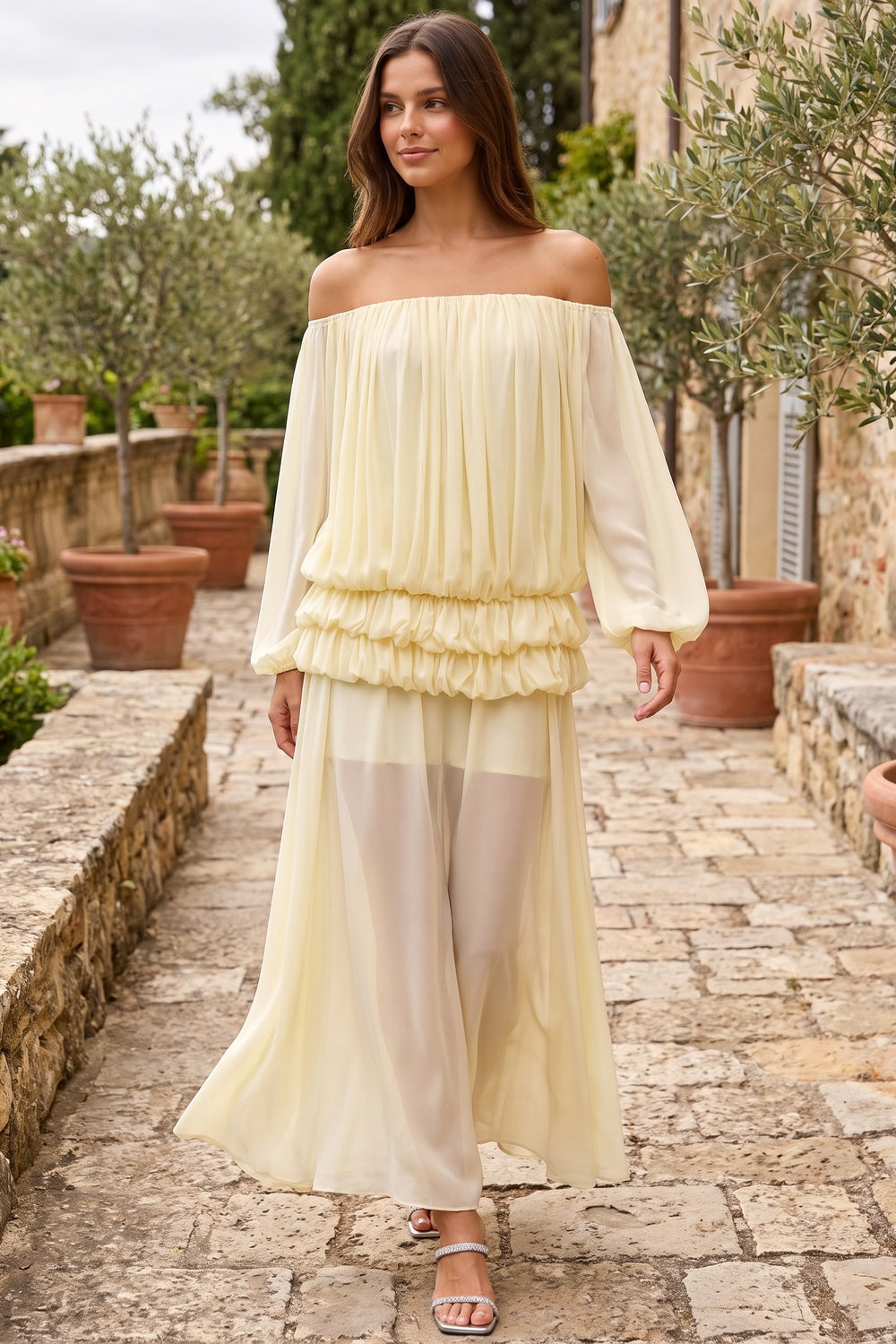 Pale Yellow Chiffon Off-The-Shoulder Blouson Two-Piece Set pale yellow chiffon two-piece set - product view 8