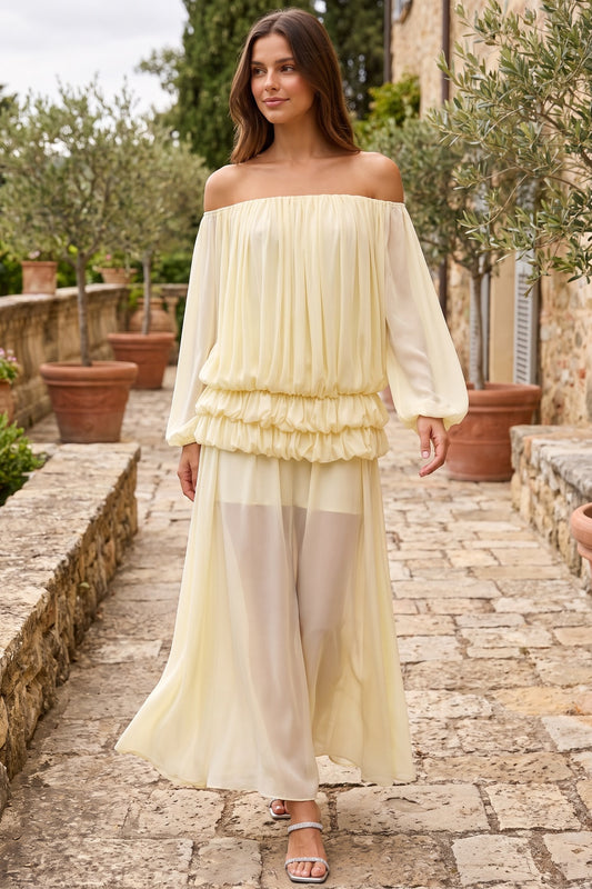 Pale Yellow Chiffon Off-The-Shoulder Blouson Two-Piece Set pale yellow chiffon two-piece set - product view 8
