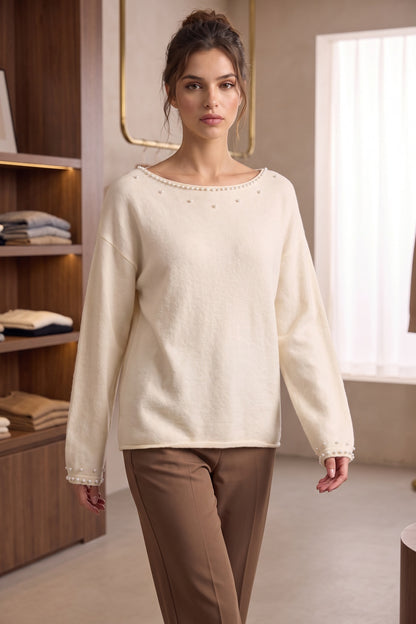Relaxed Cream Knit Sweater with Pearl Bead Embellishments cream, off-white fine-gauge knit sweater - product view 8