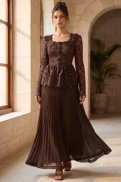 Dark Brown Guipure Lace Peplum Top & Pleated Maxi Skirt Two-Piece Set dark brown guipure lace two-piece skirt set - product view 8