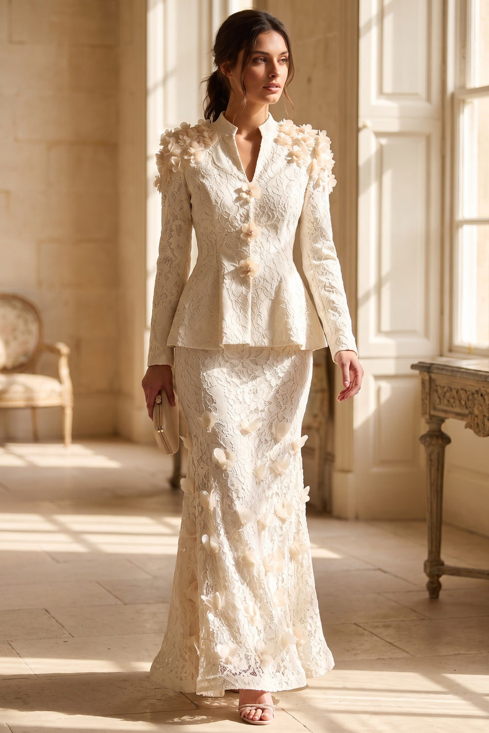 Ivory Corded Floral Lace Two-Piece Skirt Suit Ivory, Cream Corded floral lace Two-piece skirt suit - product view 8