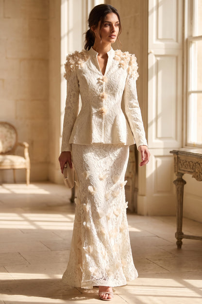 Ivory Corded Floral Lace Two-Piece Skirt Suit Ivory, Cream Corded floral lace Two-piece skirt suit - product view 8