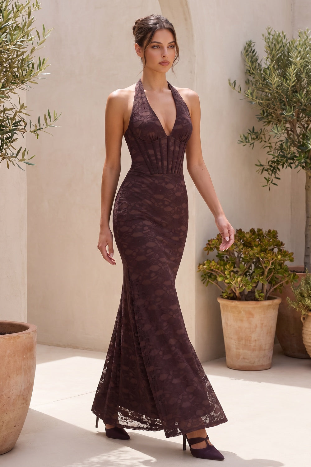 Dark Brown Floral Lace Mermaid Maxi Dress with Corset Bodice dark brown floral lace dress - product view 8