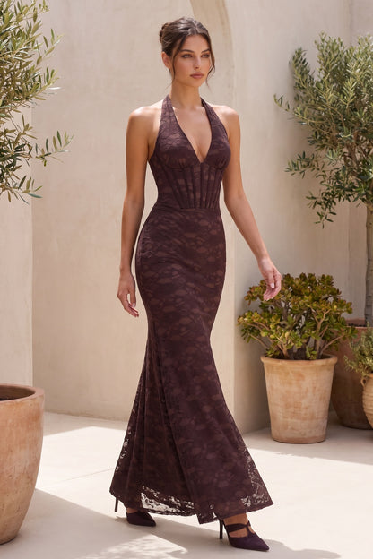Dark Brown Floral Lace Mermaid Maxi Dress with Corset Bodice dark brown floral lace dress - product view 8