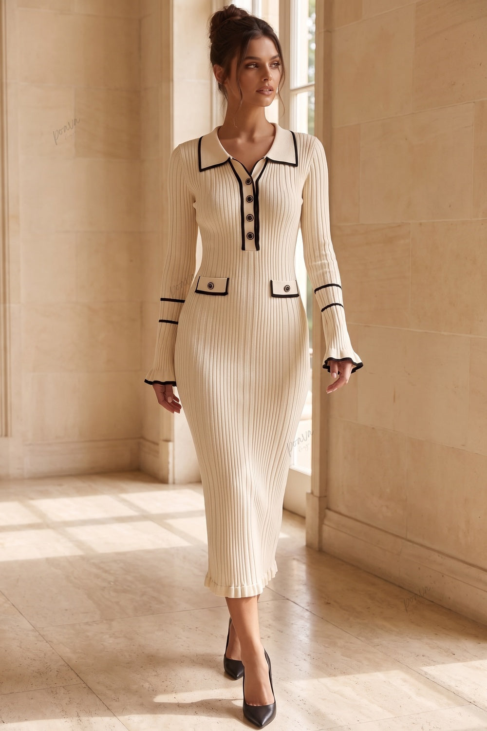 Cream Ribbed Knit Column Dress with Black Contrast Trim cream ribbed knit dress - product view 8