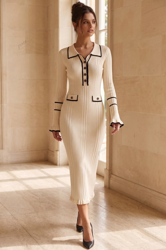 Cream Ribbed Knit Column Dress with Black Contrast Trim cream ribbed knit dress - product view 8