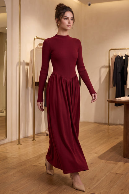 Dark Red Ribbed Knit A-Line Maxi Dress dark red ribbed knit maxi dress - product view 8