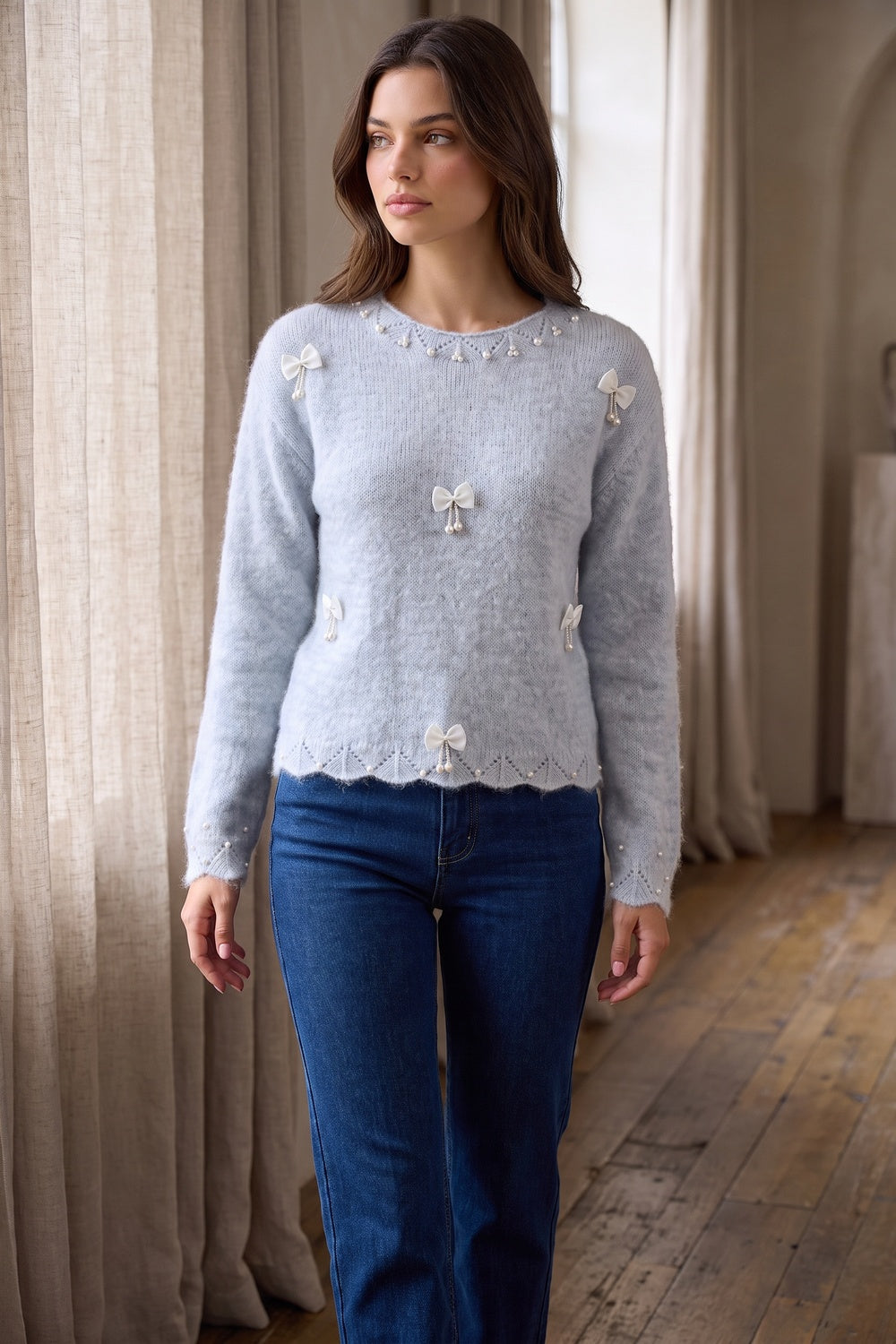 Light Ice Blue Fuzzy Mohair-Blend Knit Sweater light ice blue fuzzy mohair-blend knit sweater - product view 8
