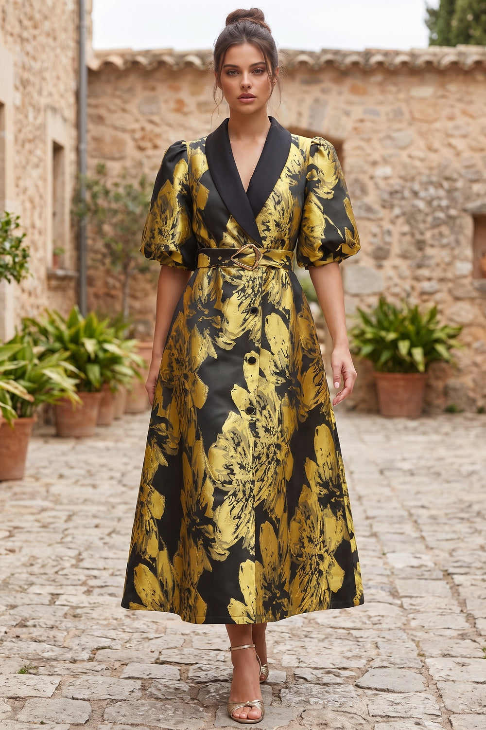 Gold Floral Jacquard A-Line Midi Dress with Contrasted Collar gold, black jacquard dress - product view 8