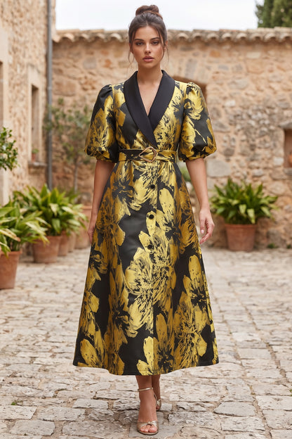 Gold Floral Jacquard A-Line Midi Dress with Contrasted Collar gold, black jacquard dress - product view 8