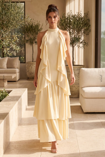Pale Yellow Tiered A-Line Maxi Dress with Cascading Ruffles pale yellow lightweight crepe or georgette maxi dress - product view 8