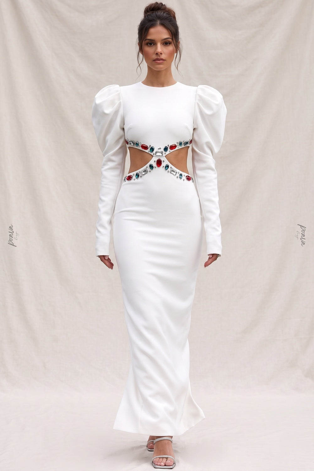 White Heavy Crepe Column Maxi Dress with Puff Shoulders and Crystal Cutouts white heavy crepe maxi dress - product view 8