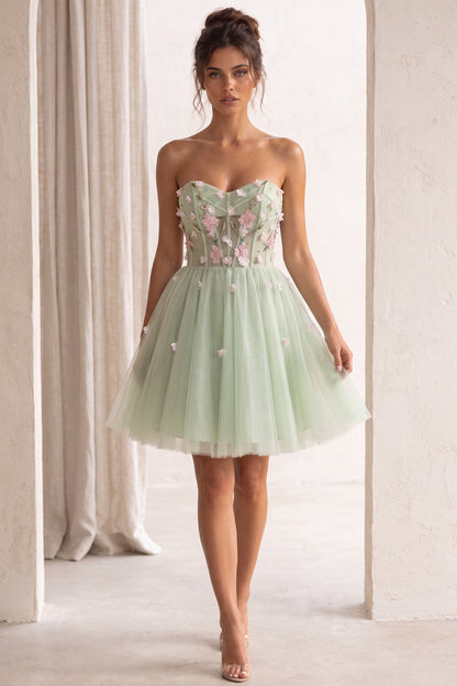 Light Sage Green Tulle A-Line Fit-and-Flare Dress with 3D Floral Appliques light sage green tulle dress - product view 8