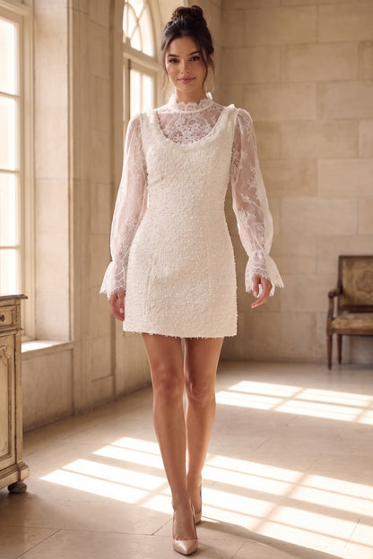 White Textured Bouclé Tweed Sheath Dress with Floral Lace Sleeves white textured bouclé tweed dress - product view 8