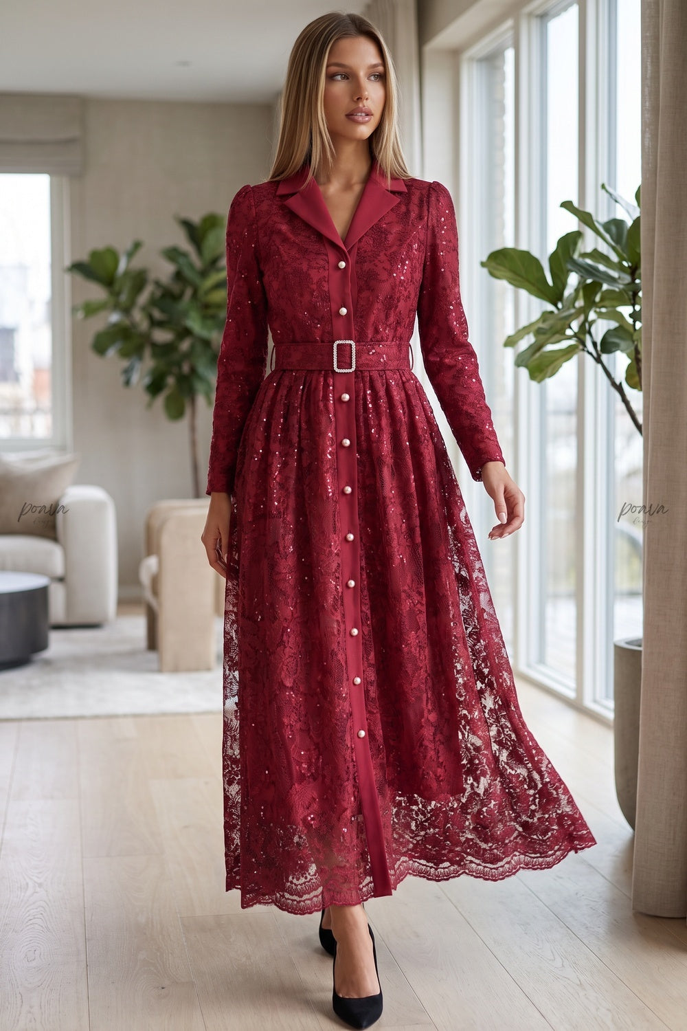 Deep Red Floral Lace A-Line Maxi Dress deep red floral lace dress - product view 8