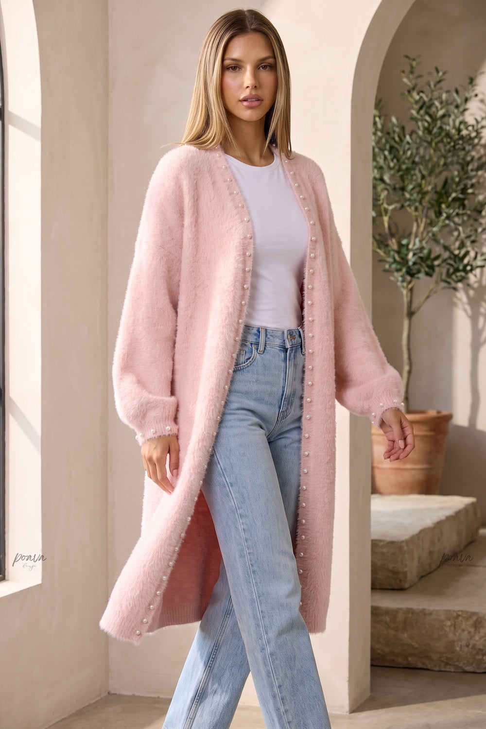Pale Pink Eyelash Knit Oversized Cocoon Open-Front Cardigan pale pink eyelash knit long open-front cardigan - product view 8
