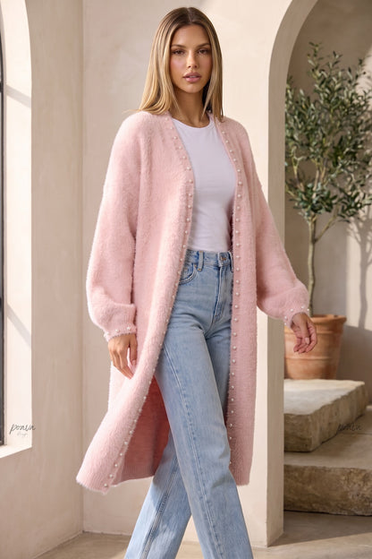 Pale Pink Eyelash Knit Oversized Cocoon Open-Front Cardigan pale pink eyelash knit long open-front cardigan - product view 8