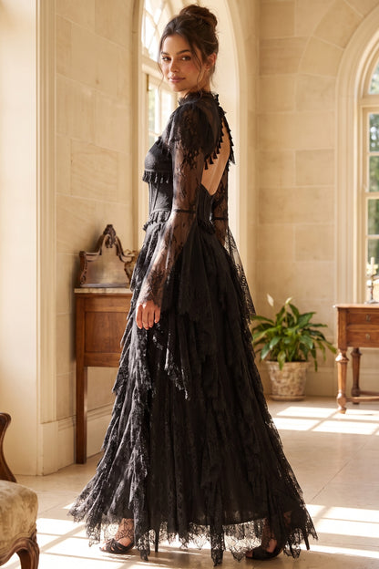 Black Floral Lace A-Line Gown with Structured Bodice and Tiered Skirt black floral lace gown - product view 8