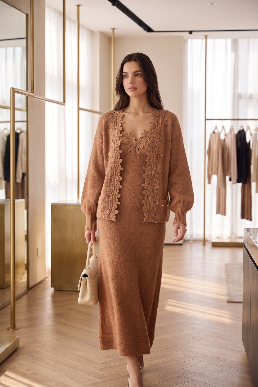 Camel Brown Fuzzy Mohair-Blend Knit Relaxed A-Line Maxi Dress with Open-Front Cardigan Two-Piece Set camel brown fuzzy mohair-blend knit two-piece knit set - product view 8