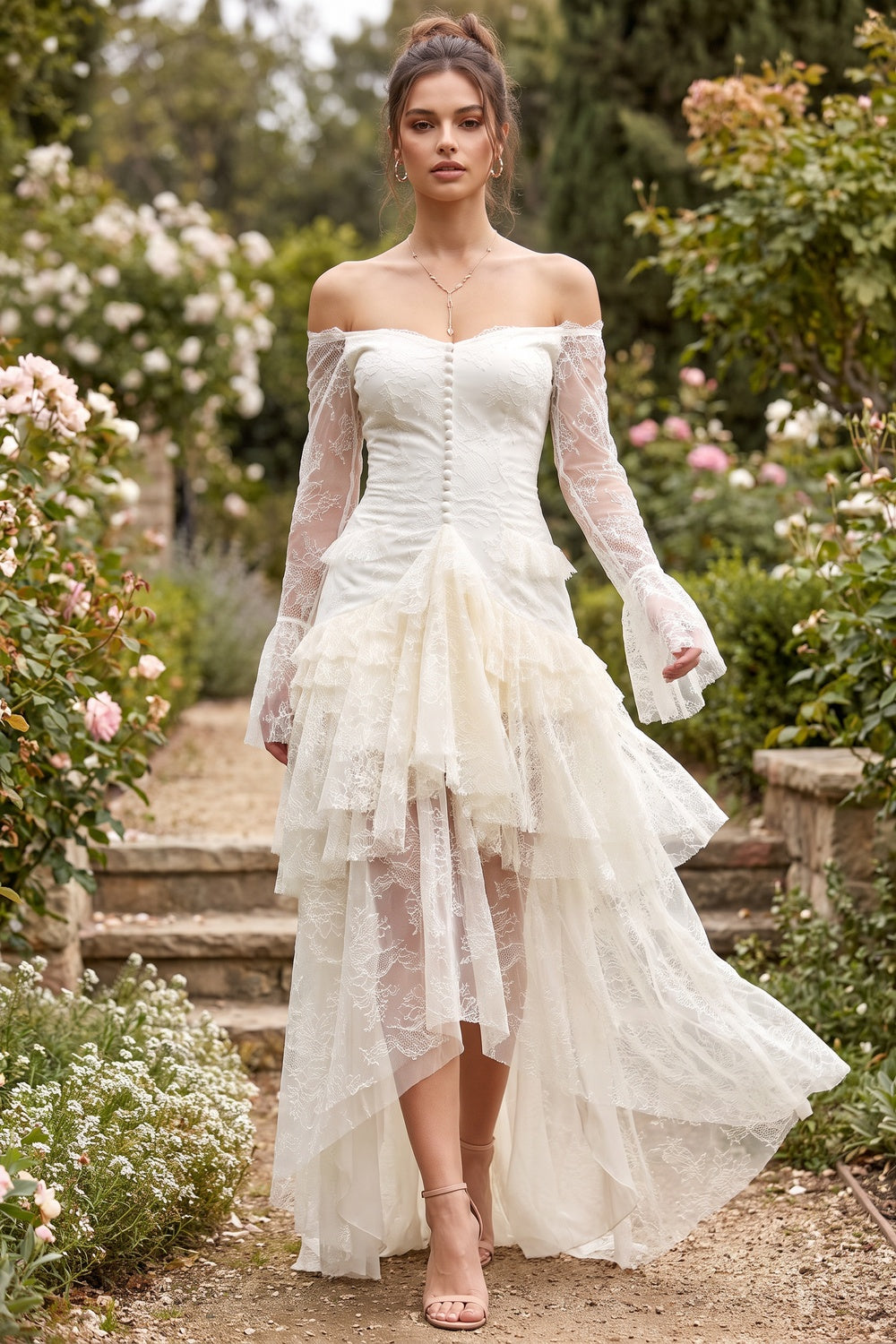 Ivory Floral Lace Off-Shoulder A-Line Maxi Dress with Tiered Ruffles ivory, cream floral lace dress - product view 8