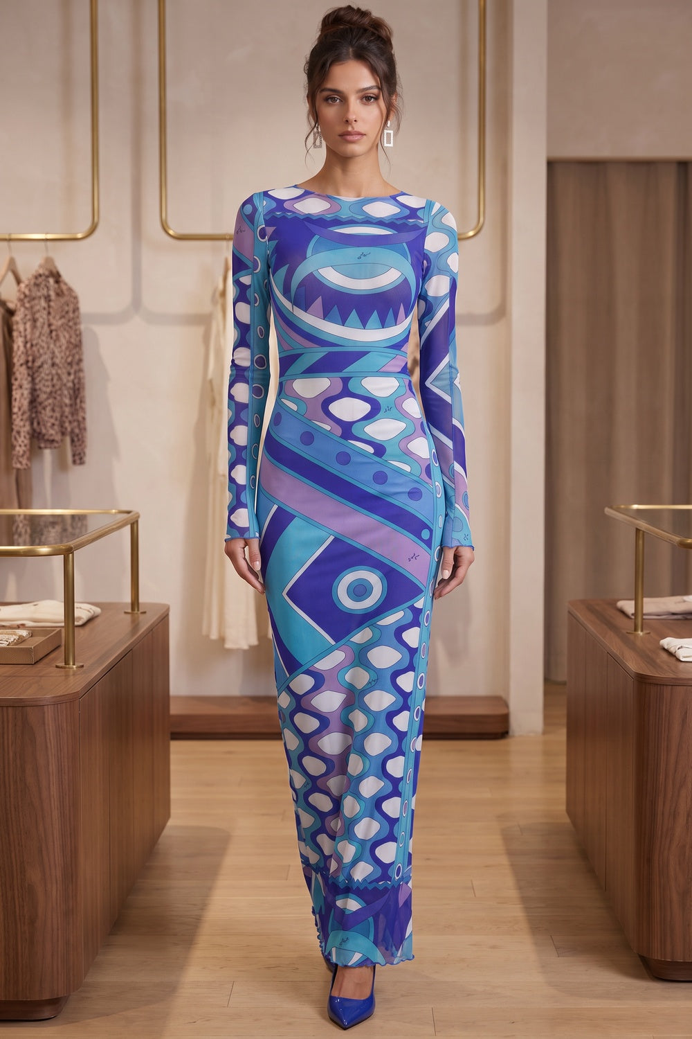 Blue Purple Geometric Abstract Column Maxi Dress in Stretch Mesh blue, purple stretch mesh maxi dress - product view 8