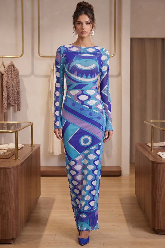 Blue Purple Geometric Abstract Column Maxi Dress in Stretch Mesh blue, purple stretch mesh maxi dress - product view 8