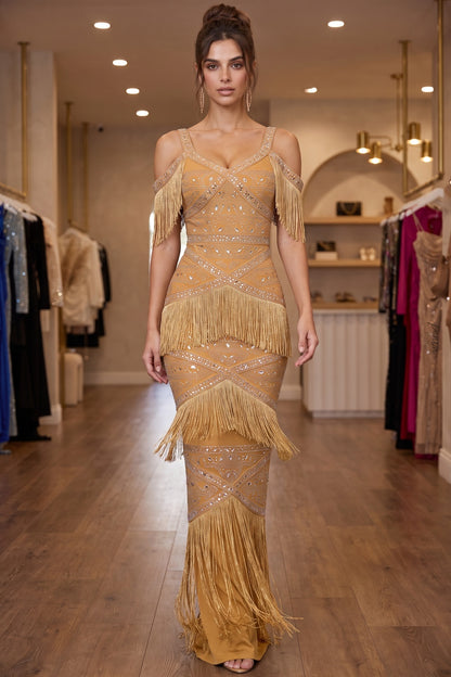 Mustard Gold Fringe Evening Gown with Rhinestone Embellishment mustard gold heavy stretch bandage knit evening gown - product view 8